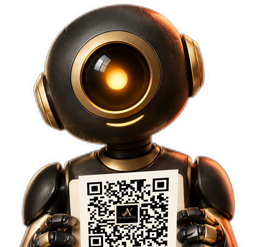 An AI companion holding up the AI Scale Zone event QR code